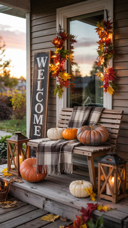 Vertical rustic welcome sign leaning against a porch wall, paired with stacked pumpkins, lanterns, and autumn leaves—cozy farmhouse vibe—realistic sunset lighting