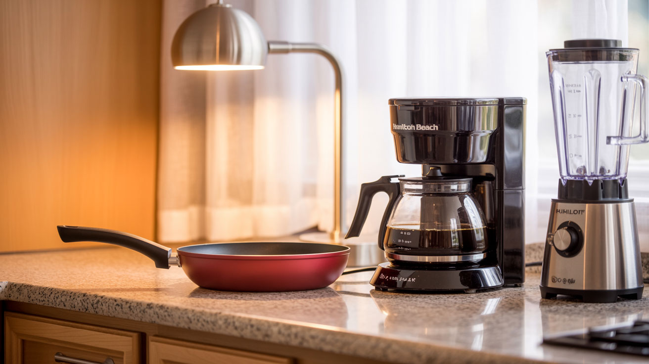Flat lay of modern home essentials including nonstick cookware, coffee pot, blender, vacuum cleaner, and sleek desk lamp styled on a neutral kitchen counter