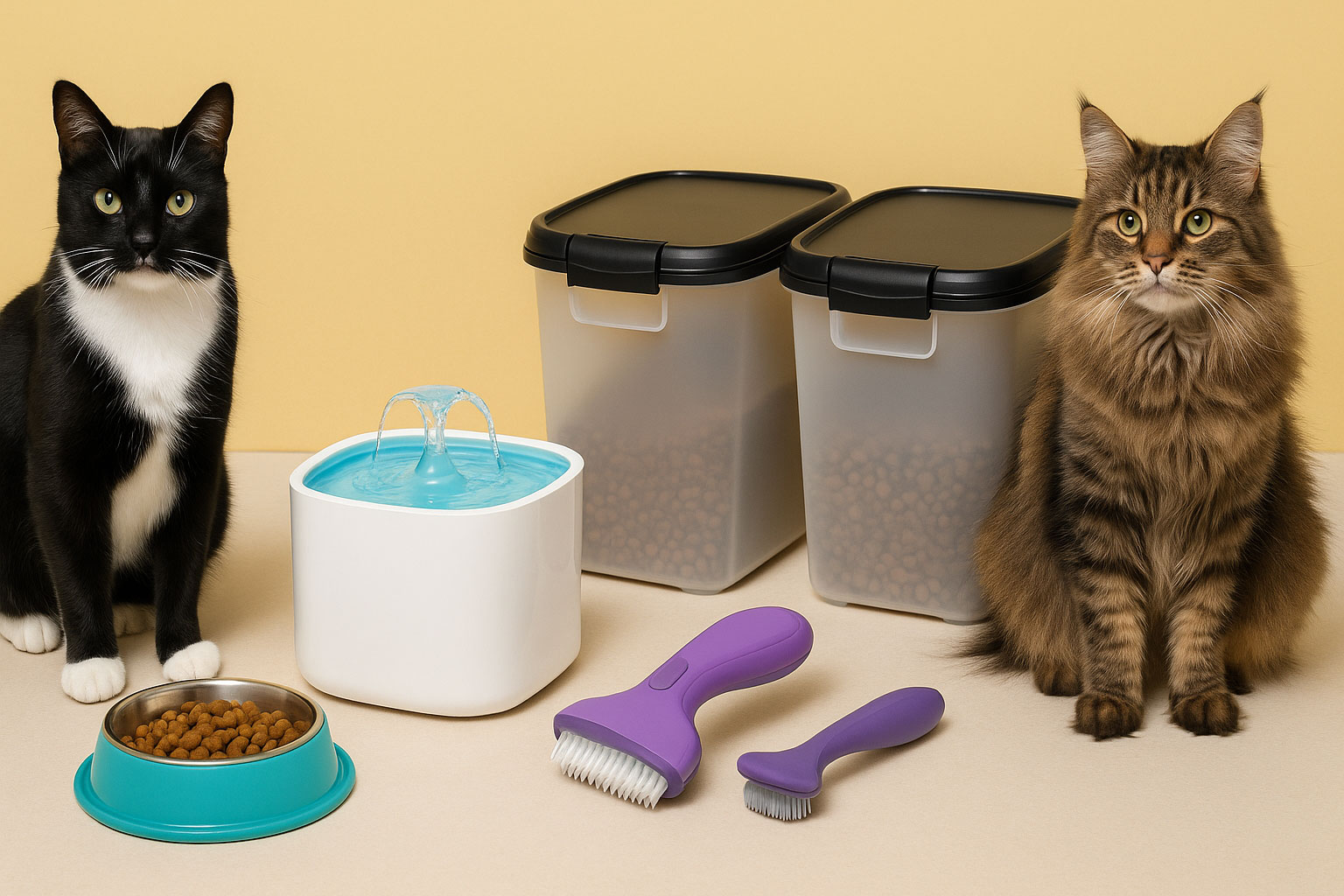 Happy pets sitting beside a bowl of healthy pet food, grooming utensils on a clean kitchen floor - representing essential products for pet wellness