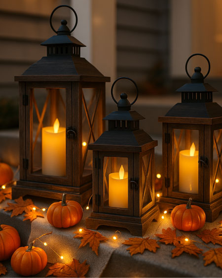 Rustic wooden lanterns with LED candles on porch steps surrounded by pumpkins and fall leaves—Amazon fall porch decor idea