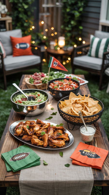 Modern game-day buffet table with metallic serving bowls and team-colored napkins.”