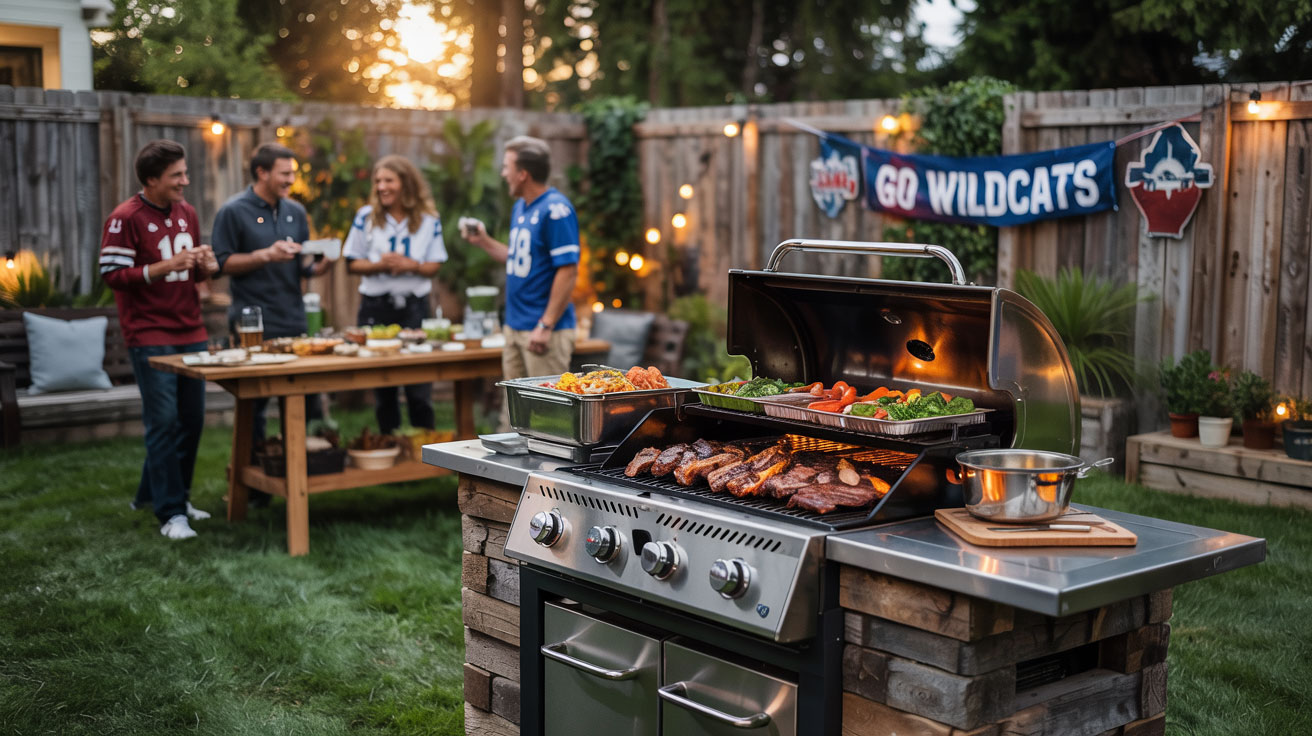 Upscale backyard tailgate with grill, buffet table, and string lights for football season party.”