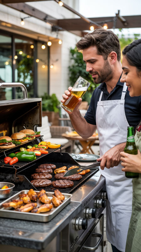 Upscale outdoor kitchen with stainless steel grill, sliders and wings, ceramic bowls of sides, and two men enjoying beers—modern backyard football tailgate scene
