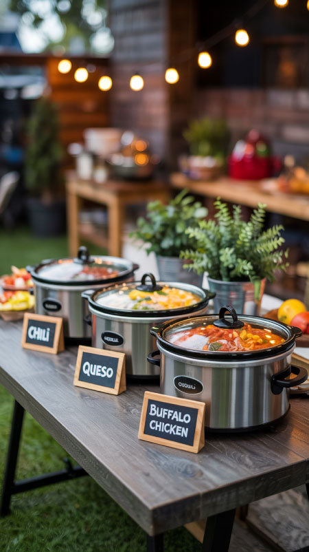 Crockpots filled with chili, queso, and buffalo dip on backyard buffet table