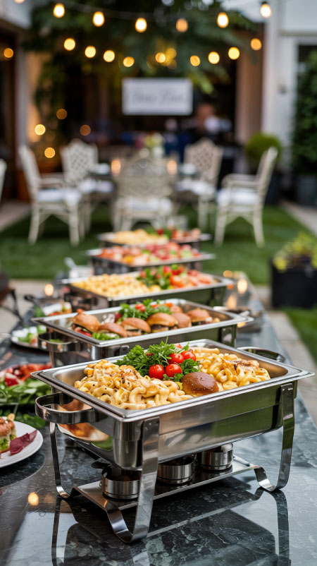 Stainless steel chafing dishes with warm appetizers on modern outdoor buffet.”
