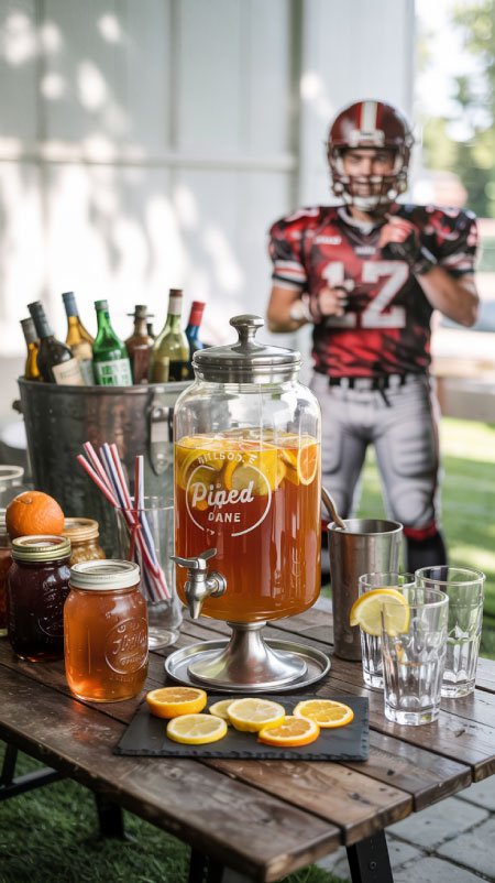 Drink station with glass dispenser, mason jars, and citrus garnishes for tailgate drinks