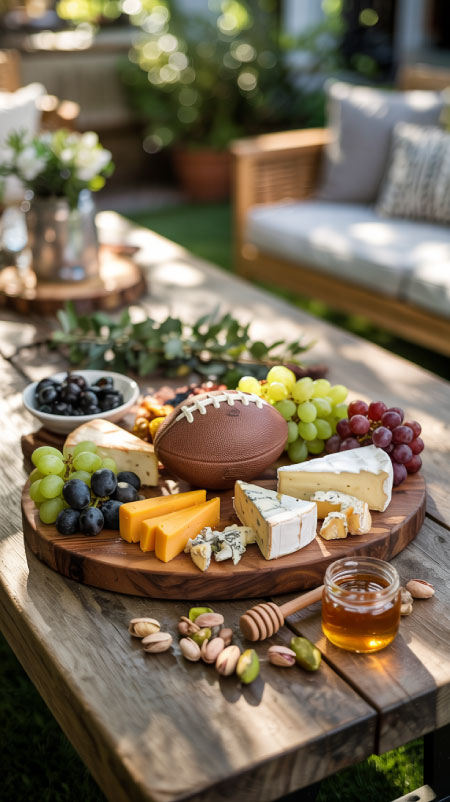 Charcuterie board with sliders, flatbreads, and snacks for backyard football gathering