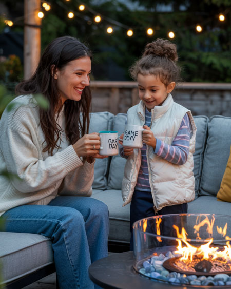Modern outdoor seating with patio sectional and throw blankets for game day