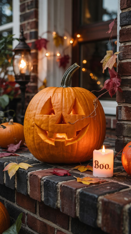 Classic carved jack-o’-lantern pumpkin with triangle eyes and a smiling mouth, glowing with an LED candle on a porch during Fall