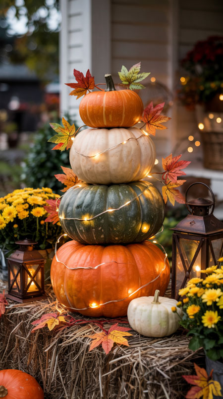 Four stacked pumpkins in shades of orange, white, and green arranged on a rustic hay bale, wrapped in warm fairy lights, accented with maple leaf garland, yellow mums, and rustic lanterns on each side. Festive outdoor Fall décor for a cozy Halloween and Thanksgiving porch display