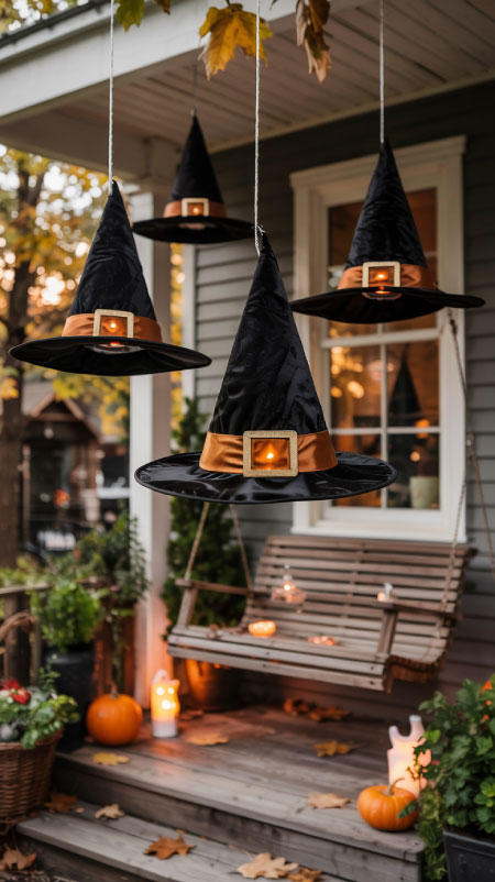 Floating witch hats with glowing LED tea lights suspended from a front porch ceiling with fishing line, creating an enchanting outdoor Halloween display with pumpkins and lanterns below