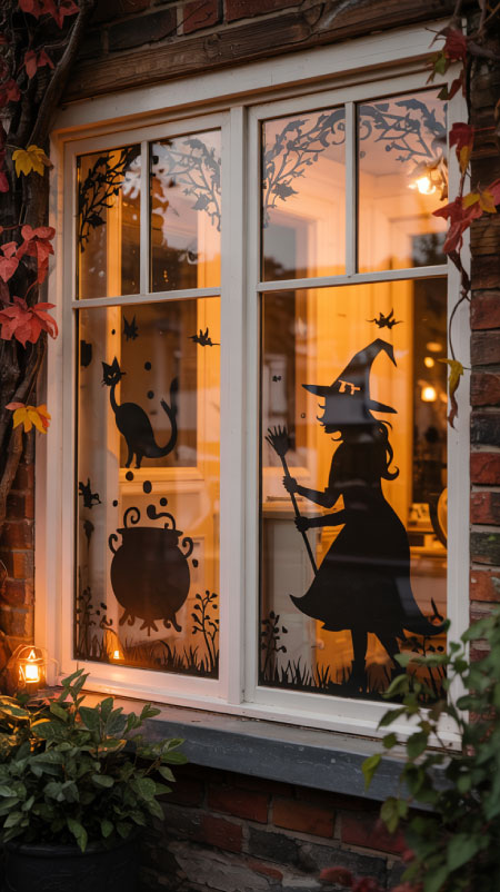 Glowing orange window silhouettes of witches and cats made from black poster board and orange cellophane, creating a bold Halloween display with pumpkins and lanterns outside