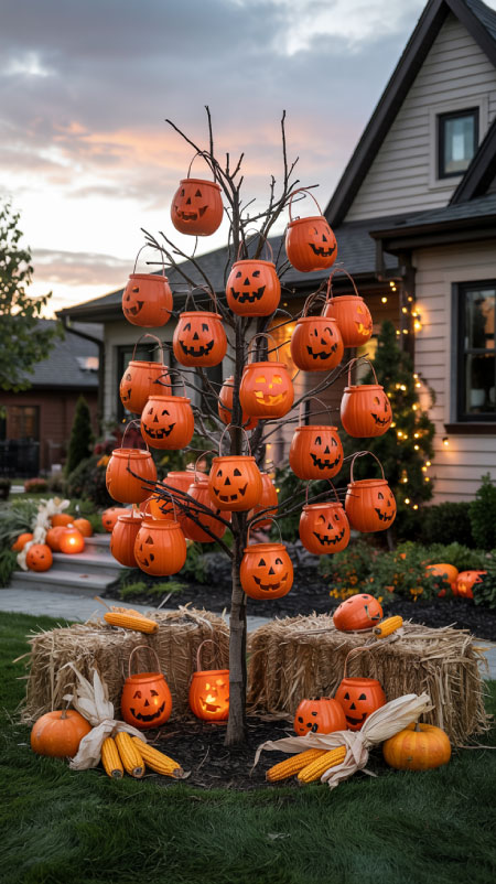 Outdoor tree decorated with glowing jack-o’-lantern buckets hanging from branches, surrounded by hay bales and mums, creating a whimsical and festive Halloween yard display