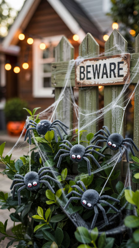 Outdoor Halloween spider webs stretched across bushes and porch railings with oversized black spiders and glowing accents, creating a spooky yard display