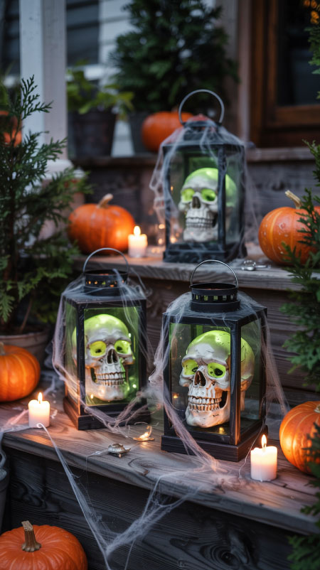Rustic porch lanterns filled with glowing skulls, spiders, and moss, placed alongside pumpkins and cobwebs for a festive Halloween entryway