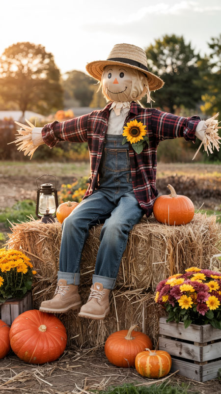 DIY scarecrow made from old jeans, flannel shirt, and boots stuffed with hay, with a head crafted from cloth over a styrofoam ball, jack-o’-lantern face drawn on, and topped with a straw hat. Propped on a hay bale surrounded by pumpkins and mums for rustic outdoor Halloween décor