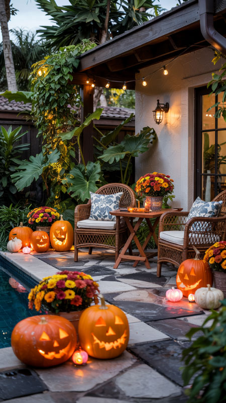 Poolside Halloween décor with glowing pumpkins and lanterns placed around the pool, floating LED candles in the water, and tropical plants mixed with faux mums for a festive warm-climate Halloween setup