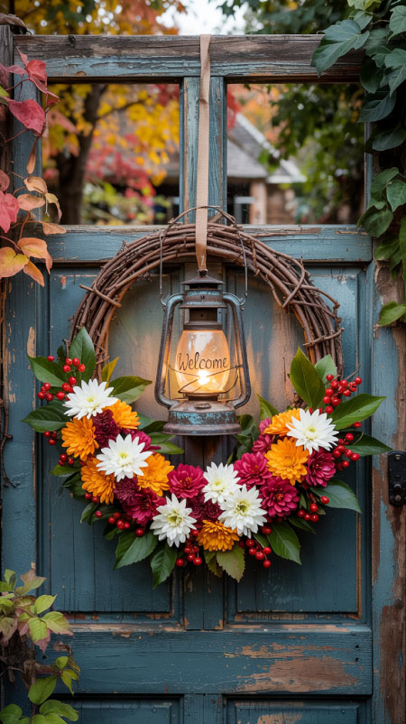 Rustic grapevine wreath decorated with orange flowers, berries, and greenery, with a glowing lantern in the center, hung on a wooden door for Fall and Halloween décor