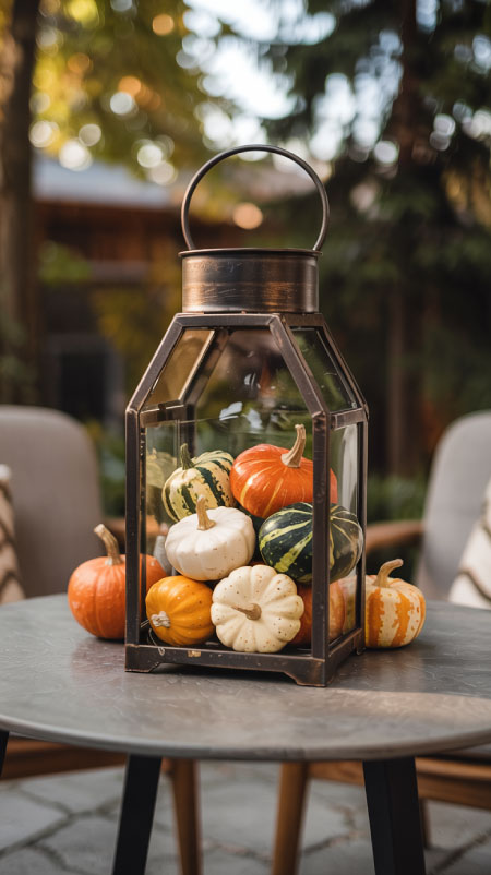 Tall black lantern filled with mini pumpkins and gourds, styled as an outdoor table centerpiece with berry stems and rustic Fall décor