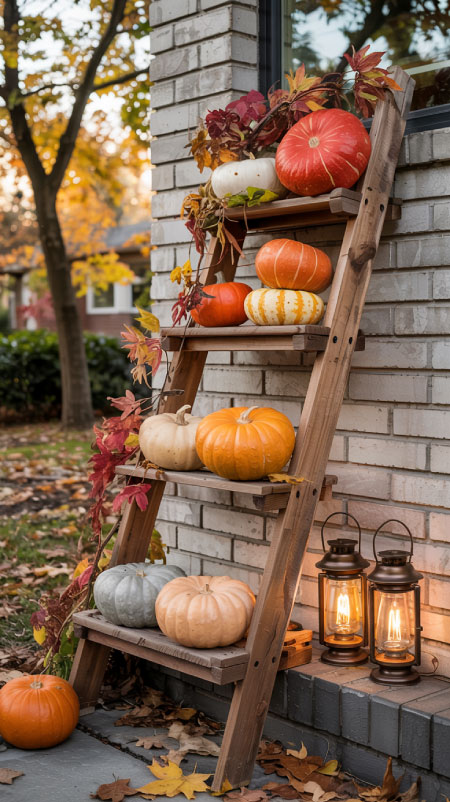 Rustic wooden ladder decorated with stacked pumpkins and maple leaf garland, with lanterns and mums at the base, creating a festive Fall porch display