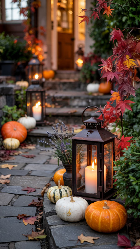 Rustic black lanterns glowing with LED candles line a stone pathway, surrounded by mini pumpkins, maple leaf garland, and berry accents. A cozy outdoor Fall décor idea that creates a festive and welcoming entryway