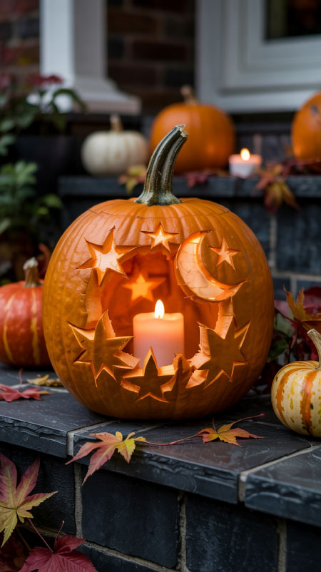 Pumpkin carved with stars and moons glowing with LED light, creating a lantern-style effect for cozy Fall decor