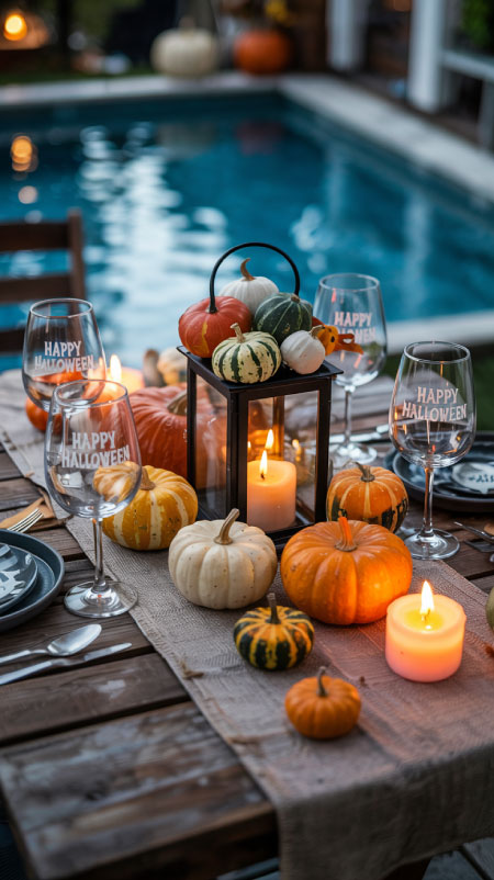 Outdoor patio dining setup for Halloween with a rustic wooden table, lantern filled with mini pumpkins and gourds, glowing candles, wine glasses, and a pool in the background for a festive warm-climate celebration