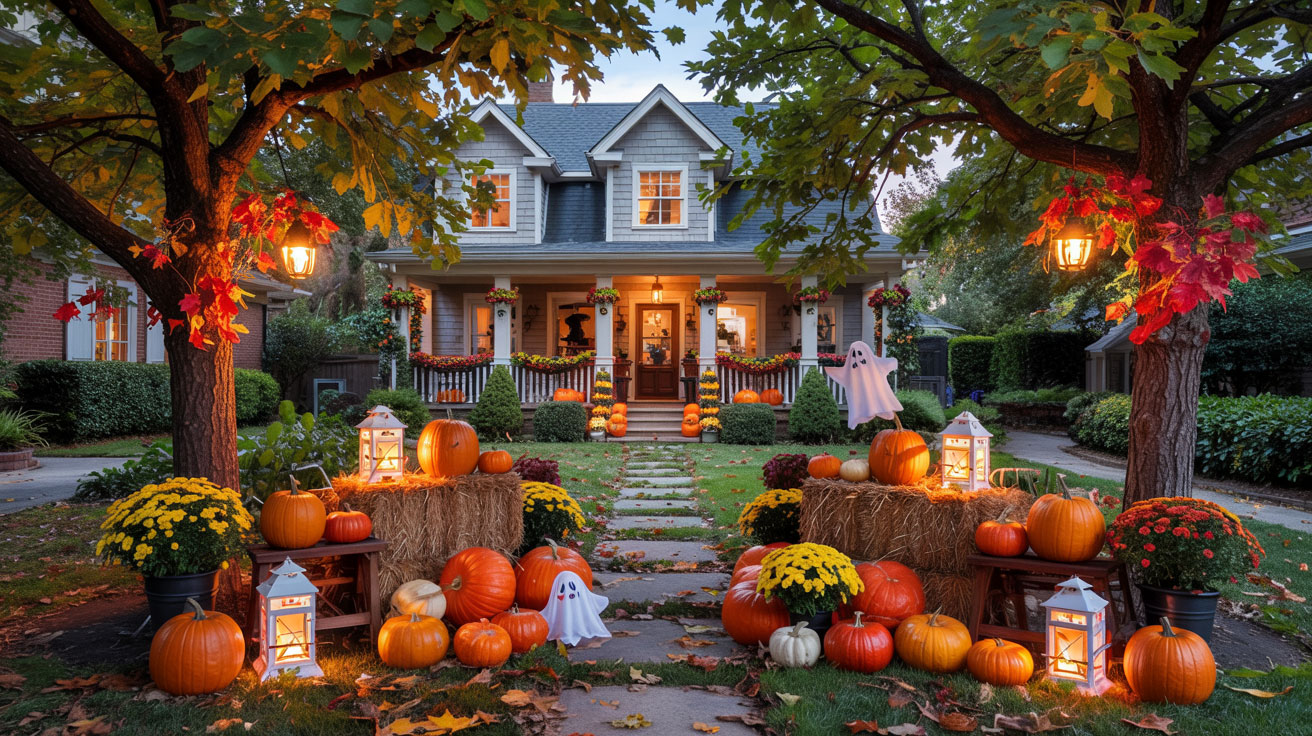 Two-story house in an upscale neighborhood decorated for Halloween and Fall with stacked pumpkins, rustic hay bales, glowing lanterns, maple leaf garlands, and cheerful mums. Small ghost decorations hang near the doorway, while warm lanterns and fairy lights create a cozy yet festive glow.