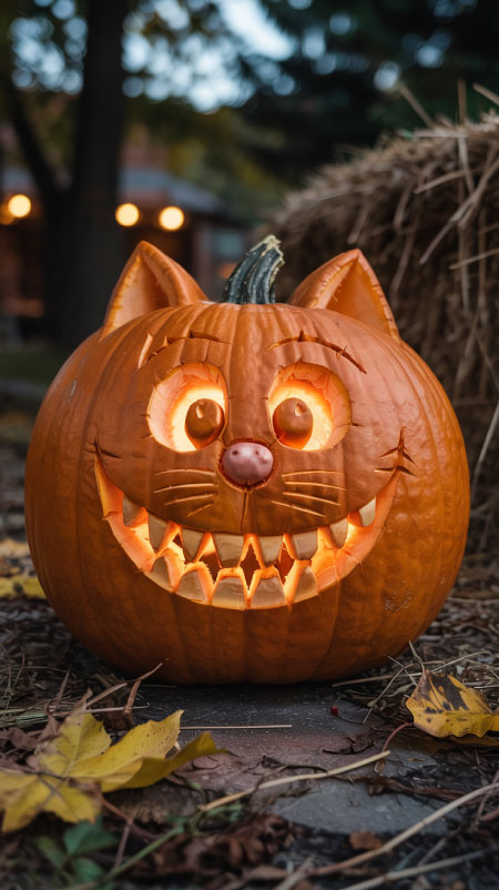 Carved Cheshire Cat pumpkin with wide grin and glowing eyes lit in purple light, creating a whimsical and playful Halloween display