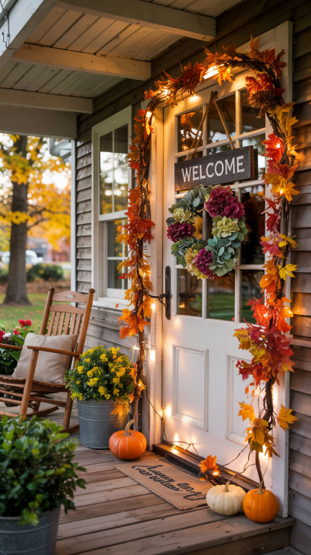 Front porch doorway framed with harvest garland made of orange and gold maple leaves, berries, and mini pumpkins. Warm fairy lights woven through the garland, with a matching autumn wreath on the door, creating a festive and welcoming Fall entry