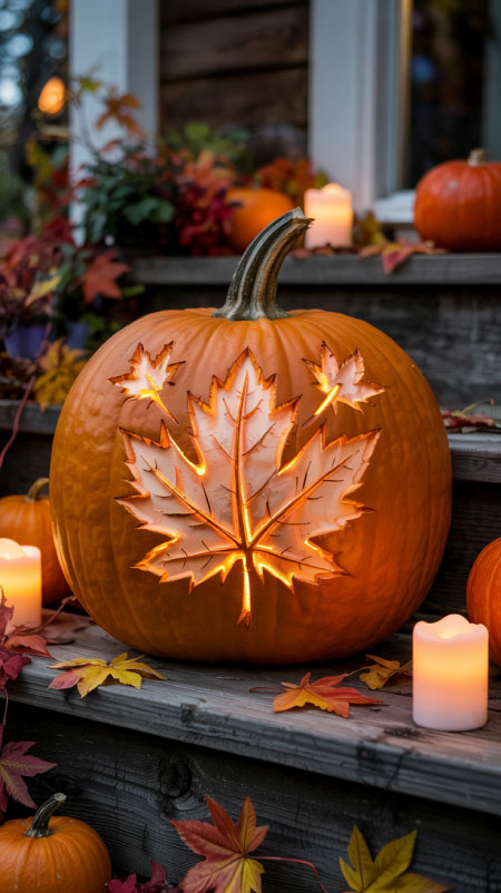 Pumpkin carved with maple leaf cutouts glowing from inside, creating a warm Fall-inspired display