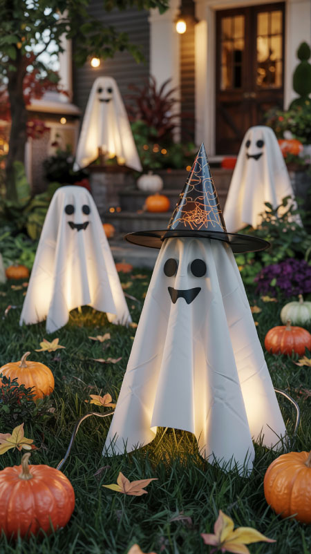 DIY ghost decorations made from tomato cages covered with white sheets, with black eyes and glowing lights inside, displayed on a front yard lawn as playful Halloween décor