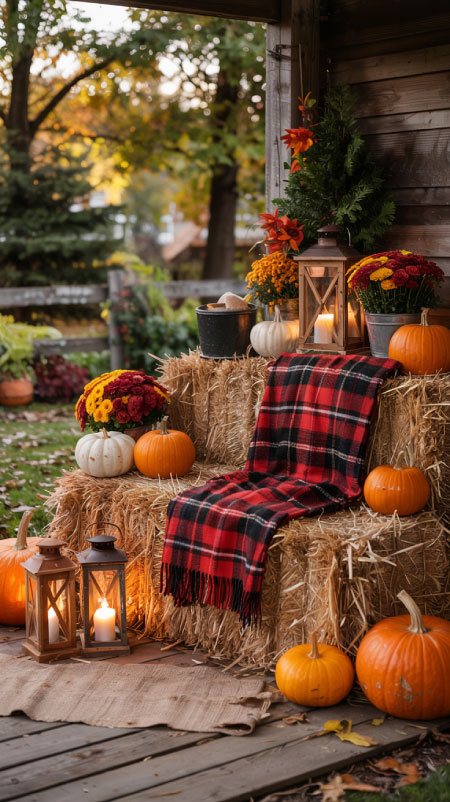 Outdoor Fall seating area made from hay bales covered with plaid blankets, surrounded by pumpkins, mums, and rustic lanterns. A cozy DIY porch setup for Halloween and Thanksgiving gatherings