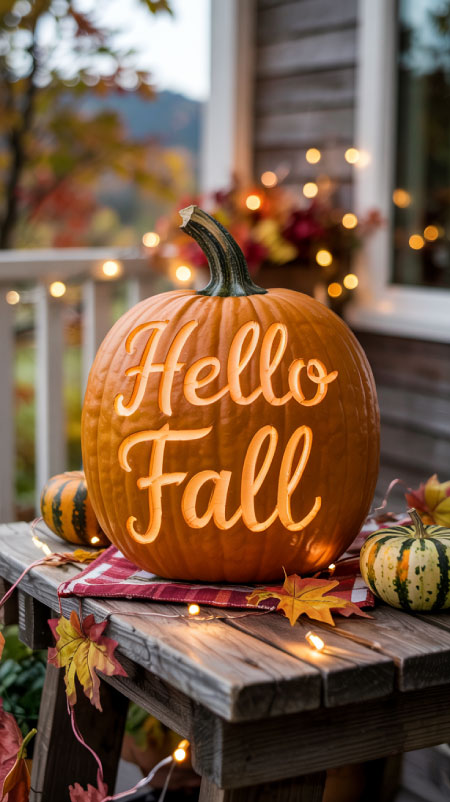 Pumpkin carved with the words ‘Hello Fall,’ glowing with LED lights, used as cozy outdoor porch décor.”