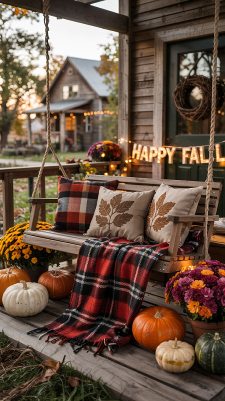 Porch swing decorated with plaid throw blankets and Fall-themed pillows, surrounded by pumpkins and mums, with fairy lights glowing overhead for a cozy seasonal Halloween and Thanksgiving look
