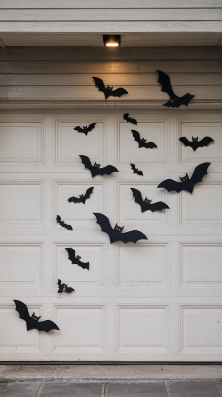 Dozens of black bat cutouts arranged in a flying swarm across a front porch wall above pumpkins and lanterns, with a spotlight illuminating them for a dramatic Halloween effect
