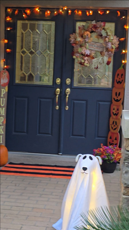 Maple Leaf Lights & Wreath: Door framed with glowing maple leaf string lights and a fall wreath with autumn leaves and florals