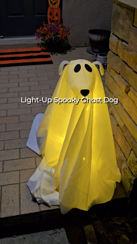 Ghost Dog: Light-up ghost dog decoration on the porch glowing at night, with floppy puppy ears and warm lights.