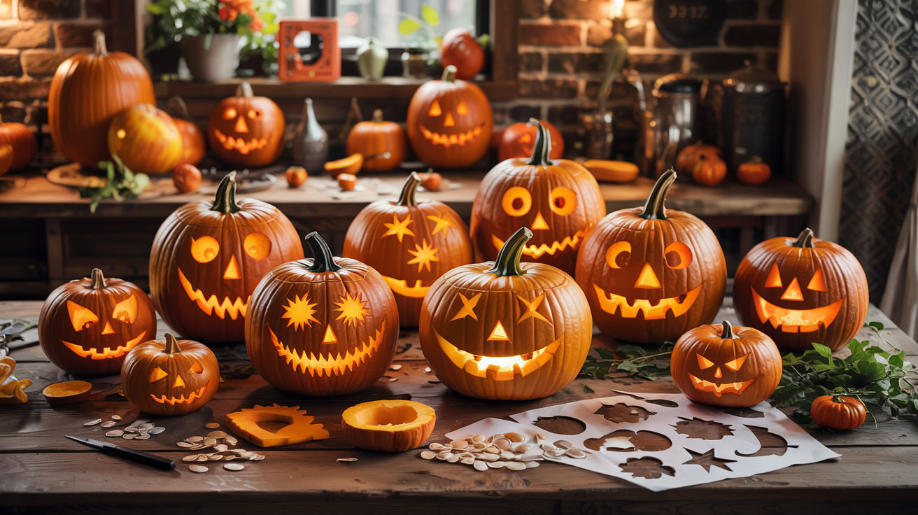Classic carved jack-o’-lantern pumpkin with triangle eyes and a smiling mouth, glowing with an LED candle on a porch during Fall