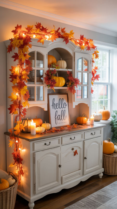A white farmhouse buffet hutch decorated for fall with glowing red and yellow maple leaf garlands, pumpkins, and a framed “Hello Fall” sign surrounded by candles.