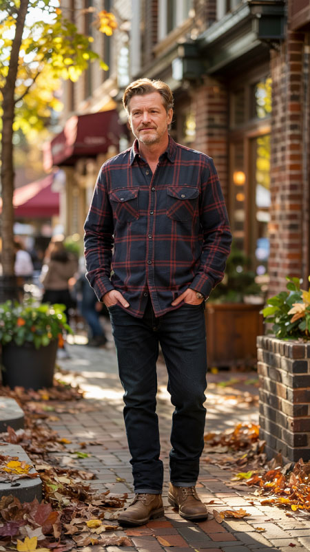 Blonde man walking along a brick-lined city sidewalk beside a red-brick building, wearing dark jeans, brown boots, and a red-and-blue plaid flannel shirt — a timeless men’s fall outfit idea for Friendsgiving or Thanksgiving.