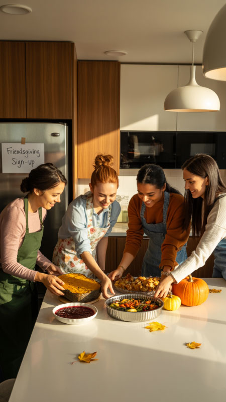 Friends arranging a spread of dishes in a modern kitchen for a Friendsgiving potluck dinner. Serving bowls, casseroles, and appetizers fill the counter as guests chat and laugh under soft fall lighting — a welcoming Thanksgiving-with-friends tradition.