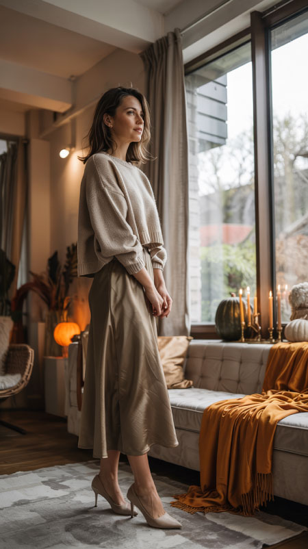 A silky midi skirt in bronze or olive paired with a cropped knit sweater balances texture and warmth beautifully.