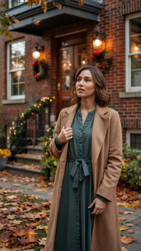 a stunning Thanksgiving outfit that’s ready for outdoor family photos. A flowy midi dress layered under a camel or burgundy statement coat creates effortless sophistication.
