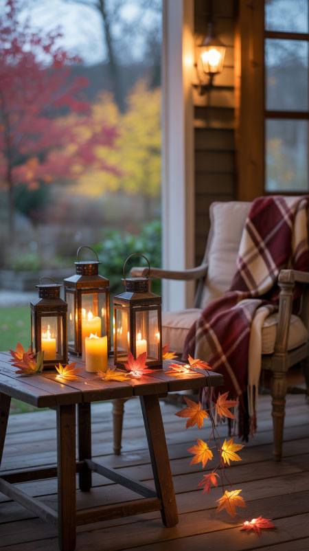 Outdoor side table on a porch with lanterns, glowing candles, faux maple garland, and a plaid blanket on a nearby chair.