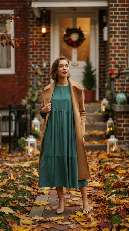 a stunning Thanksgiving outfit that’s ready for outdoor family photos. A flowy midi dress layered under a camel or burgundy statement coat creates effortless sophistication.