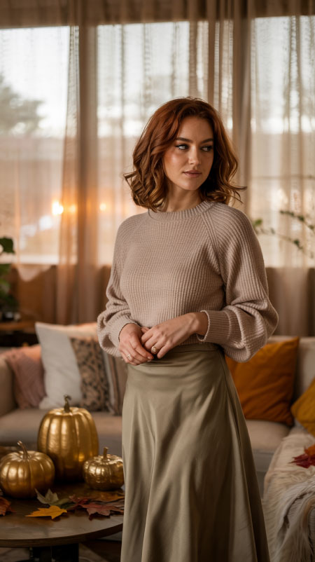 A silky midi skirt in bronze or olive paired with a cropped knit sweater balances texture and warmth beautifully.