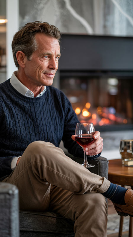 Distinguished man in his 50s with salt-and-pepper hair, wearing a navy cable-knit sweater, tan corduroy pants, and blue socks with yellow stripes, holding a glass of wine beside a modern fireplace — refined men’s Thanksgiving outfit inspiration.