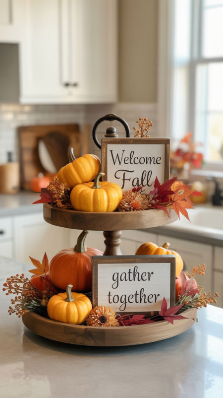 Two-tiered wooden tray filled with small pumpkins, faux leaves, and mini “Welcome Fall” and “Gather Together” signs on a bright kitchen counter.