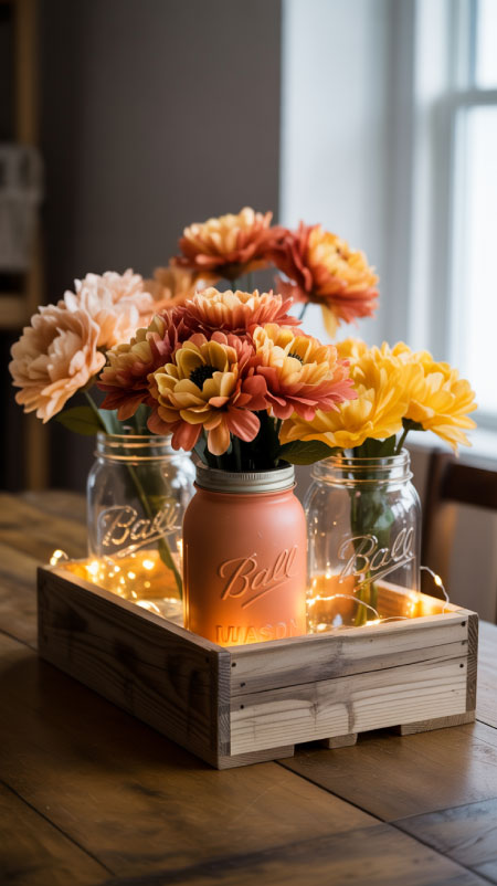 Three mason jars in a wooden box centerpiece—center jar painted terracotta, two clear jars with fairy lights inside, all topped with faux mums and peonies.